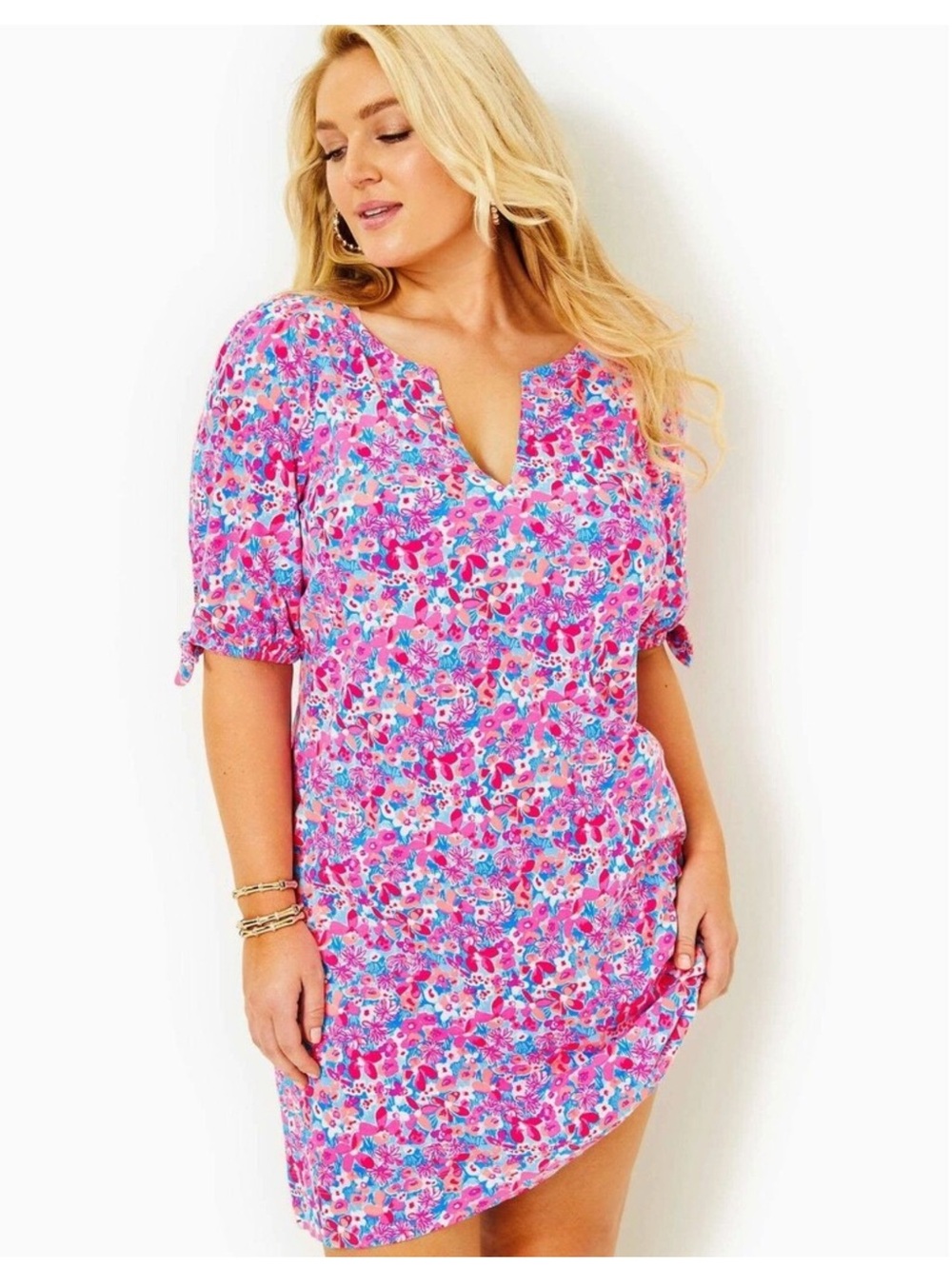 Lily Pulitzer NWOT Floral Easley Dress Aura Pink Baby Boomer Tie Sleeves Large